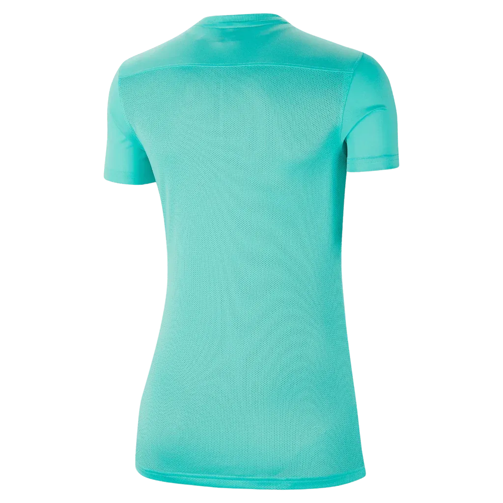 Back view of Nike Women's Park 7 Jersey in turquoise with fitted silhouette