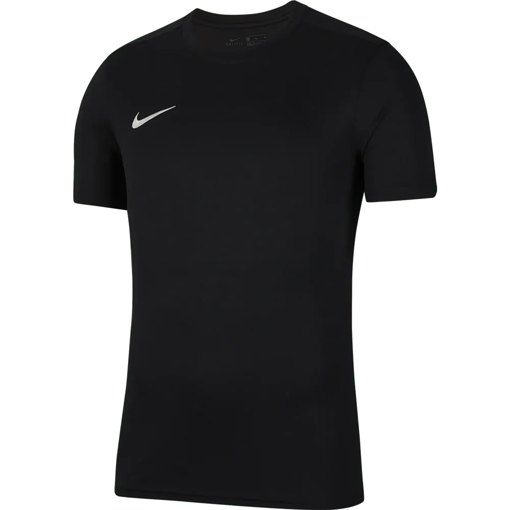 Front view of Nike Men's Park 7 Jersey in black featuring classic crew neck and white swoosh logo