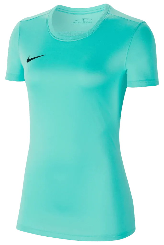 Front view of Nike Women's Park 7 Jersey in turquoise with black swoosh logo


