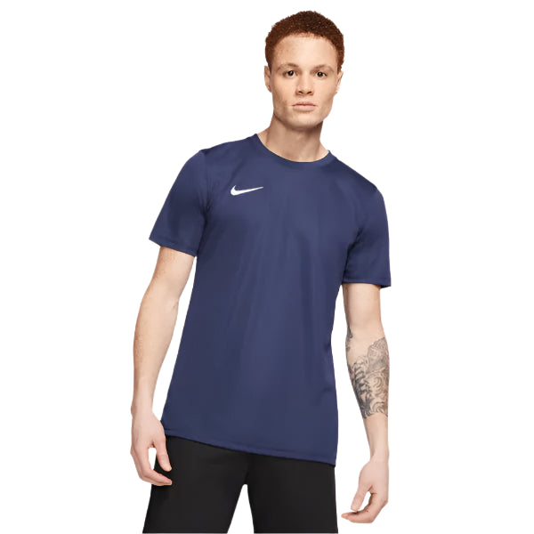 Full front view of male model wearing navy Nike Park 7 Jersey with black shorts