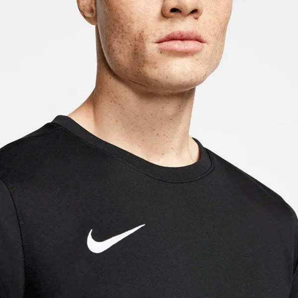 Close-up of chest section on black Nike Men's Park 7 Jersey with white Nike swoosh