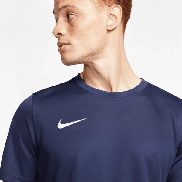 Close-up of Nike Park 7 Jersey in navy showing swoosh logo and shoulder seam