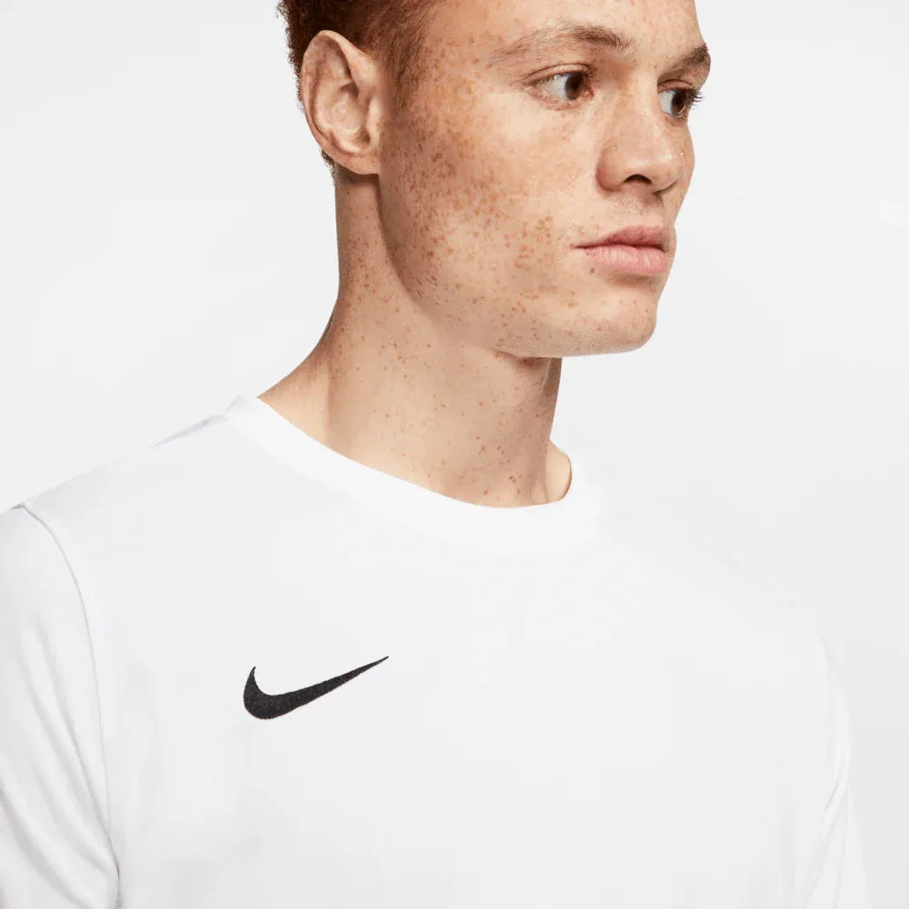 Close-up of Nike Park 7 Jersey in white showing chest and swoosh logo