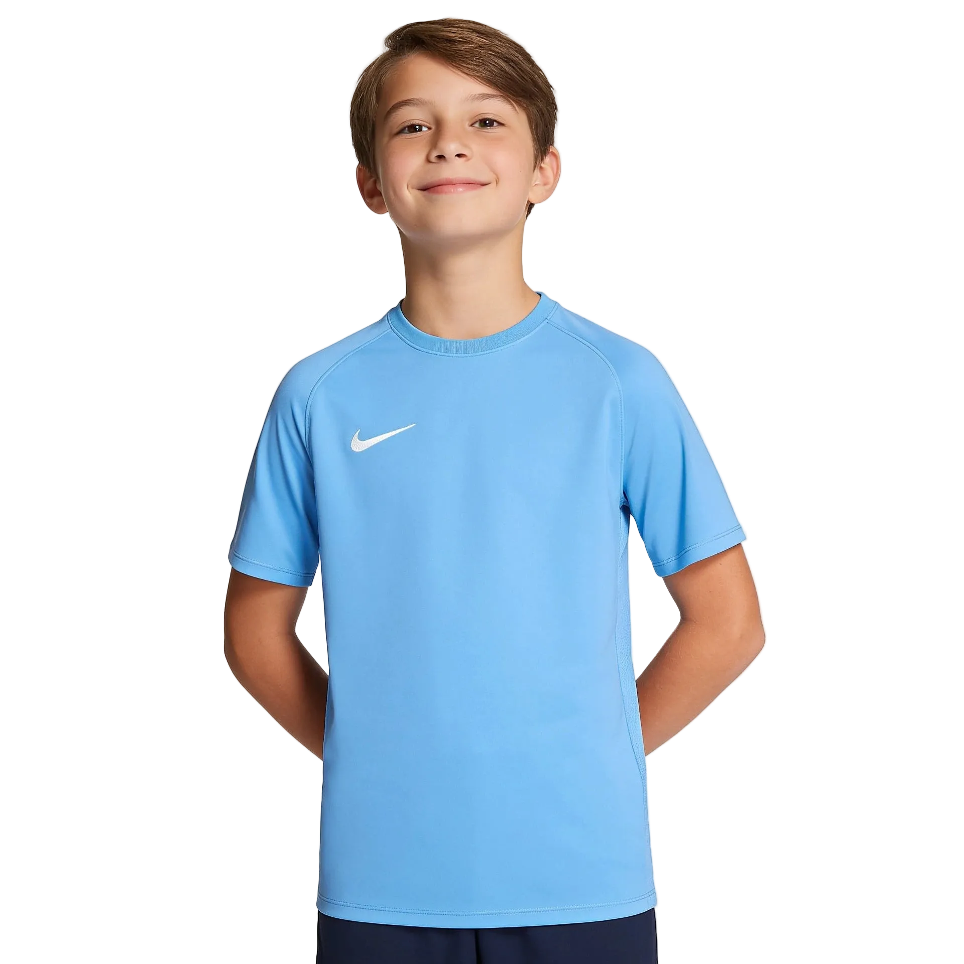 Child wearing a blue Nike t-shirt on a white background