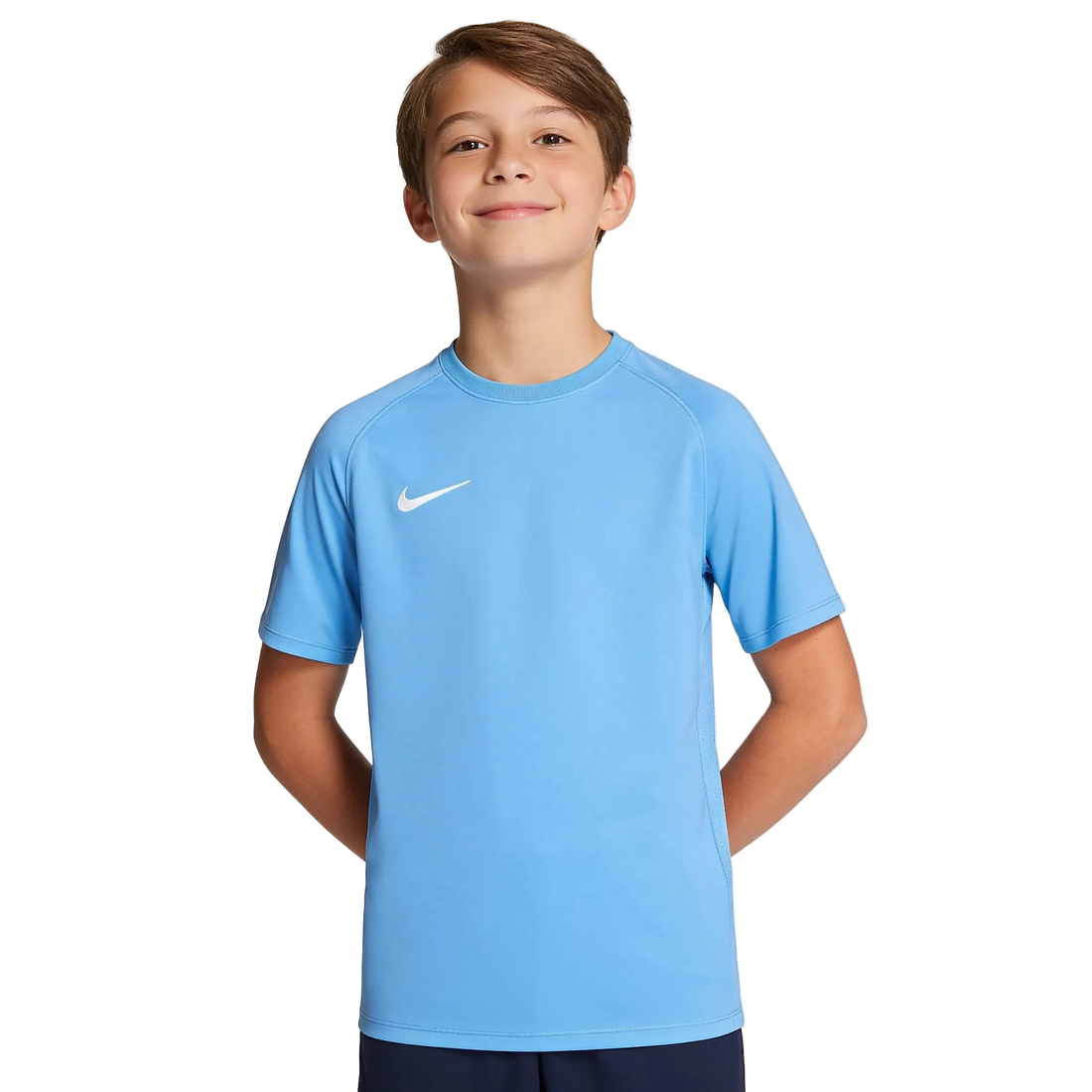 Child wearing a blue Nike t-shirt on a white background