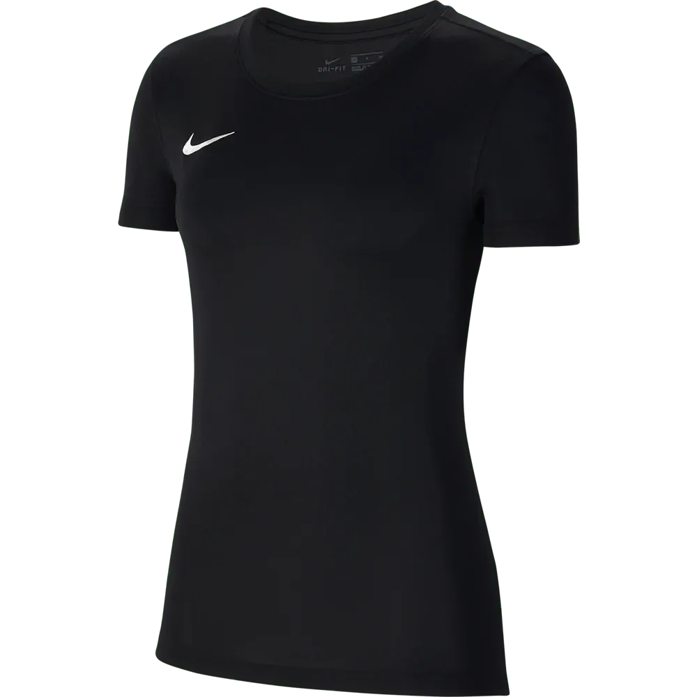 Front view of Nike Women's Park 7 Jersey in black with signature white swoosh logo