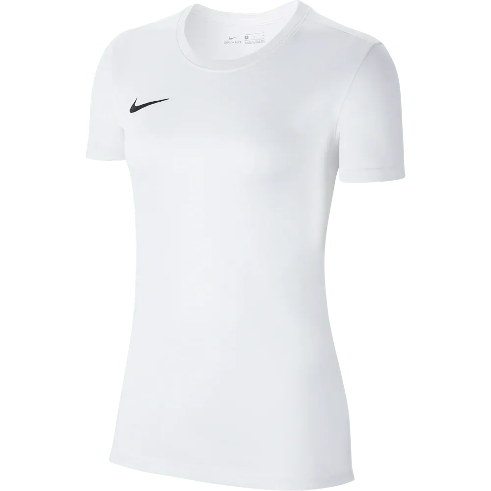 Front view of Nike Women's Park 7 Jersey in classic white with black swoosh logo

