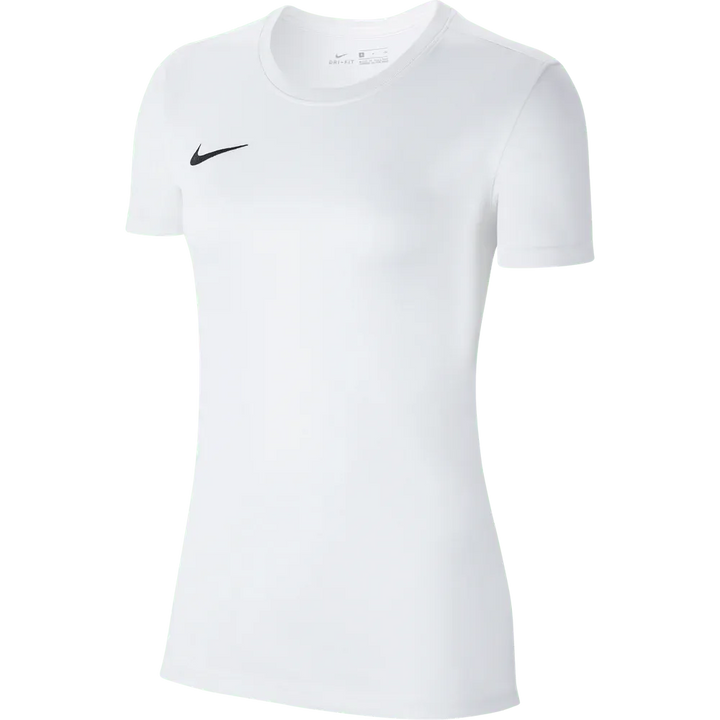Front view of Nike Women's Park 7 Jersey in classic white with black swoosh logo

