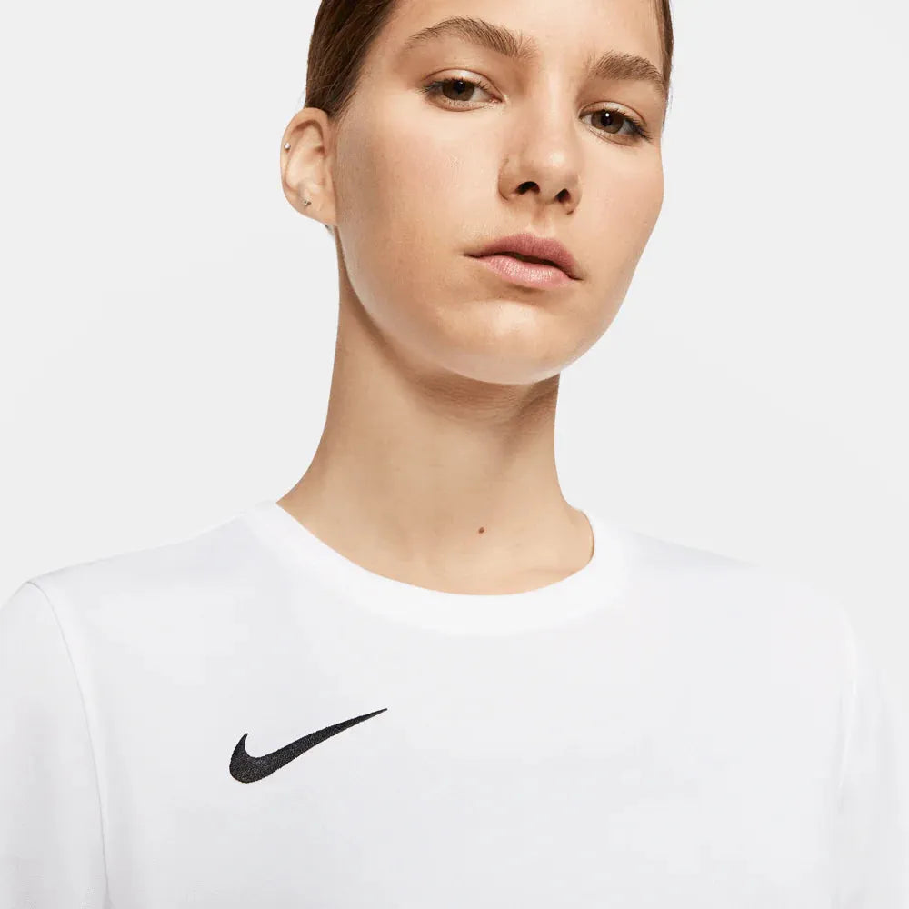 Close-up of chest area showing Nike swoosh on Women's Park 7 Jersey in white