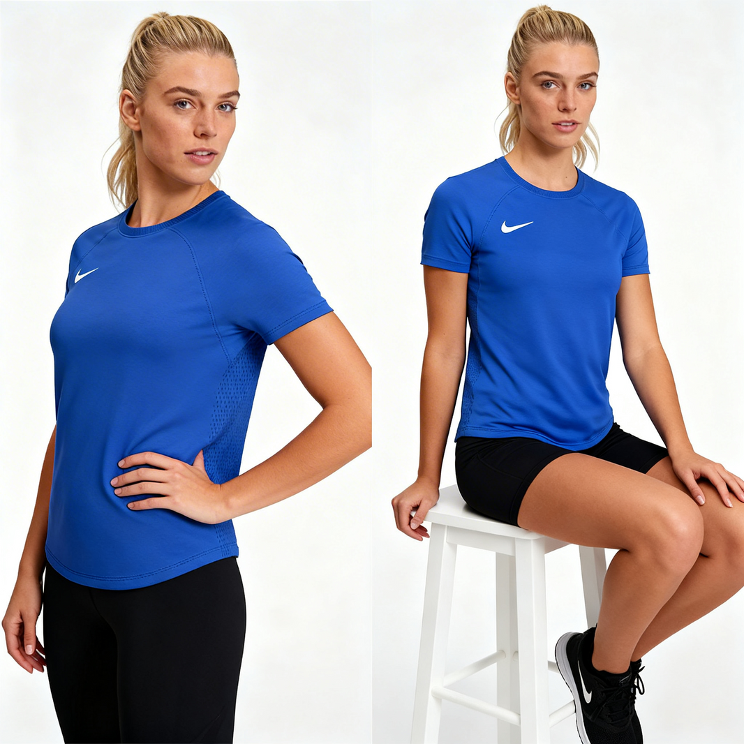 Woman wearing Nike Park 8 Jersey royal blue, women's soccer jersey alternate view