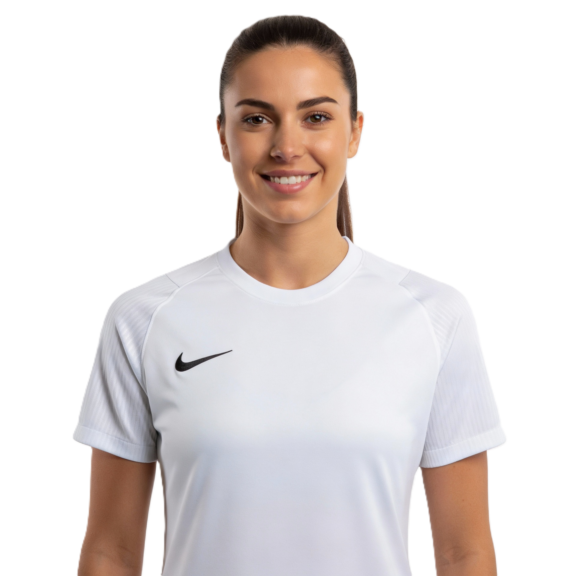 Woman wearing a white Nike sports jersey on a white background