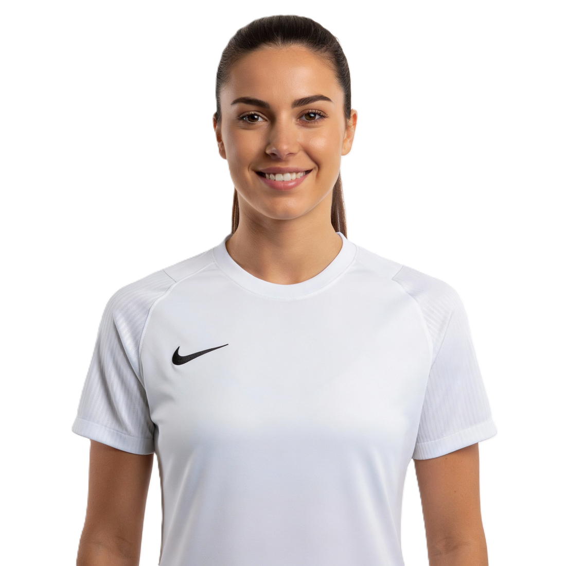 Woman wearing a white Nike sports jersey on a white background
