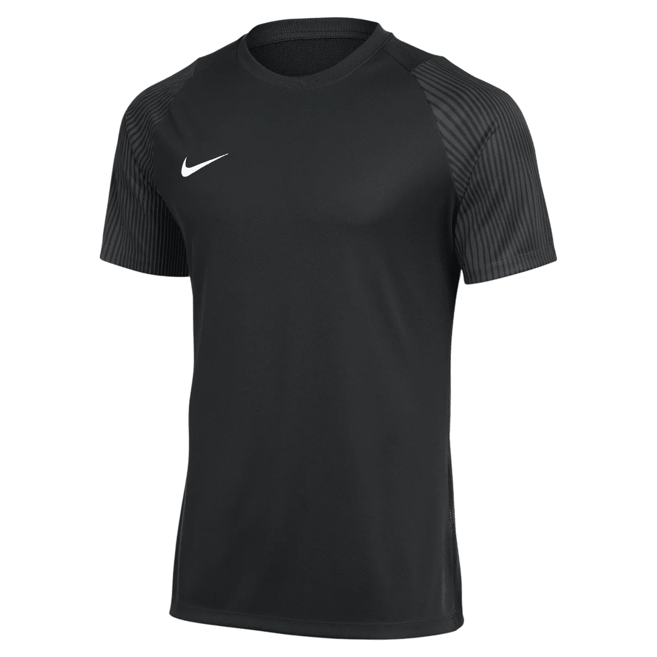 Nike Academy 2 Youth Dri-FIT Jersey in black, front view with white Swoosh and patterned grey raglan sleeves