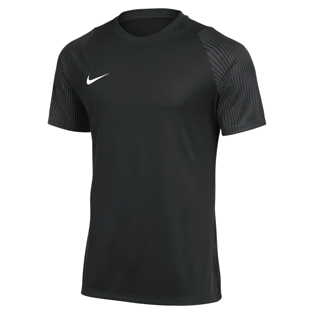 Nike Academy 2 Youth Dri-FIT Jersey in black, front view with white Swoosh and patterned grey raglan sleeves