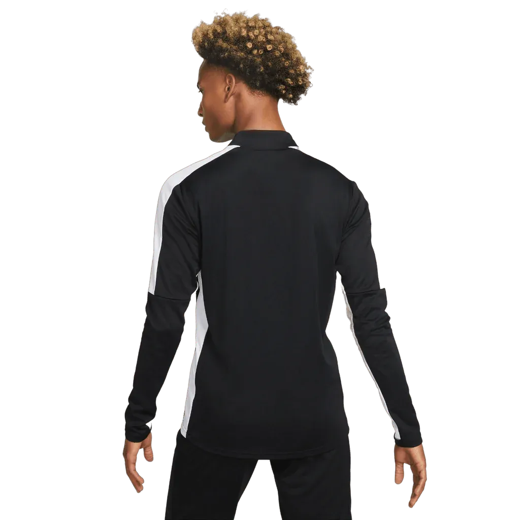 Back view of man in black Nike Academy Pro Jacket with slim fit and white sleeve detail

