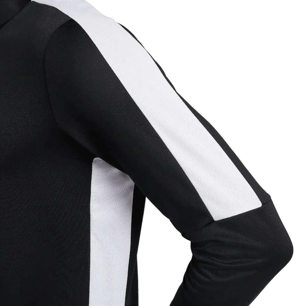 Side sleeve detail showing white stripe on arm of Nike Academy Pro black jacket