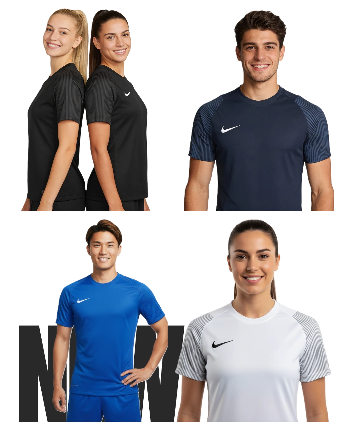 Collage of people wearing Nike athletic shirts on a white background