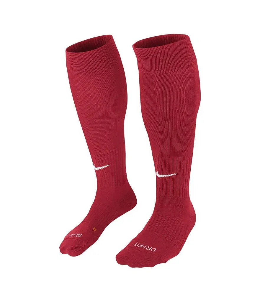Red Nike Classic II OTC Compression Socks with white swoosh logo – pair one