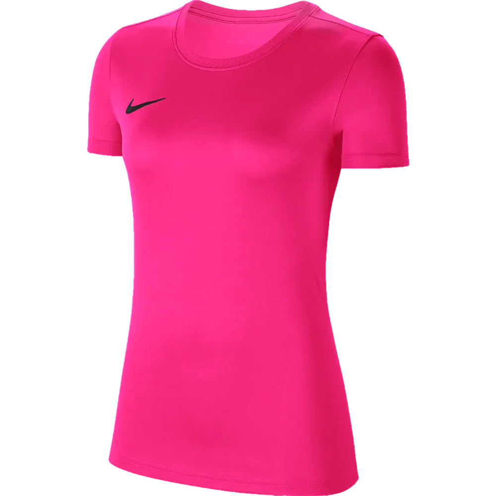 Front view of Nike Women's Park 7 Jersey in vibrant pink with black swoosh logo