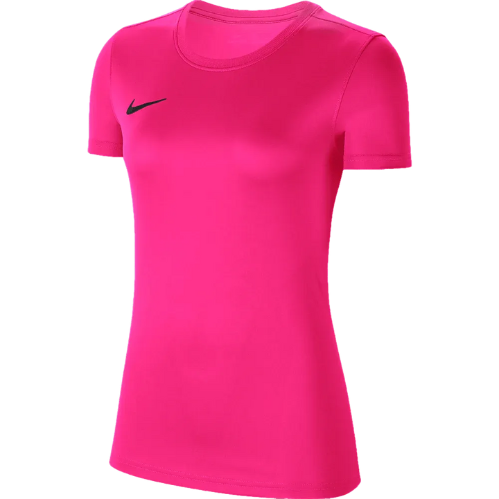 Front view of Nike Women's Park 7 Jersey in vibrant pink with black swoosh logo