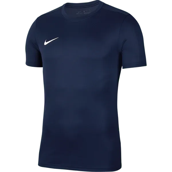 Front view of Nike Men's Park 7 Jersey in navy blue with white swoosh logo