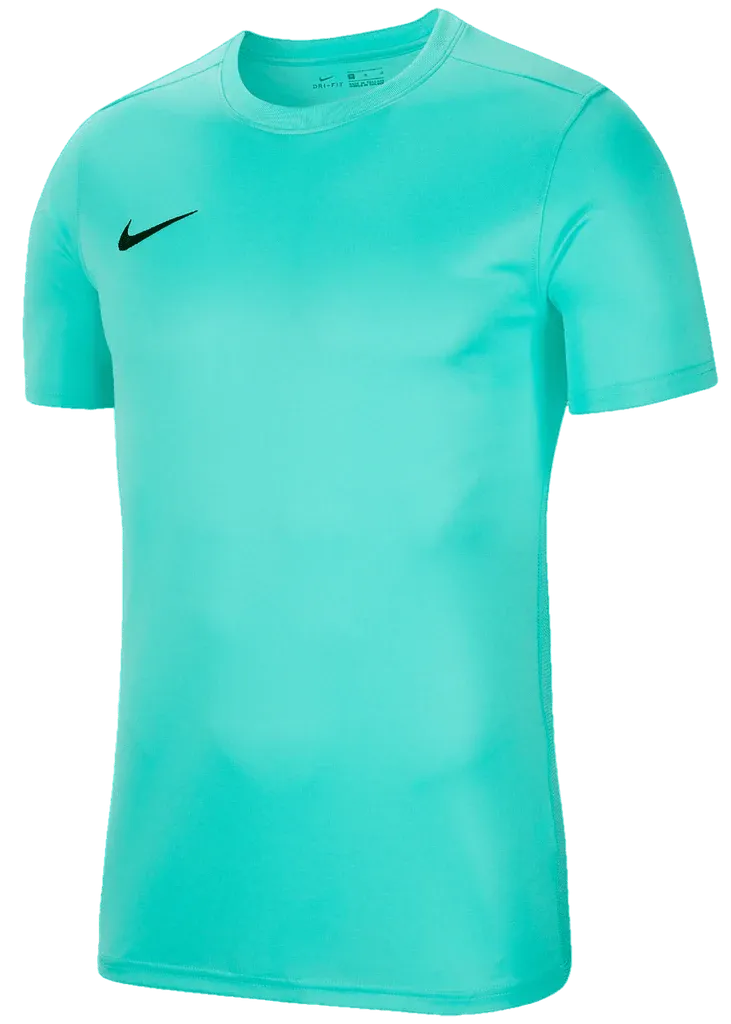 Front view of Nike Men's Park 7 Jersey in aqua blue with black swoosh logo
