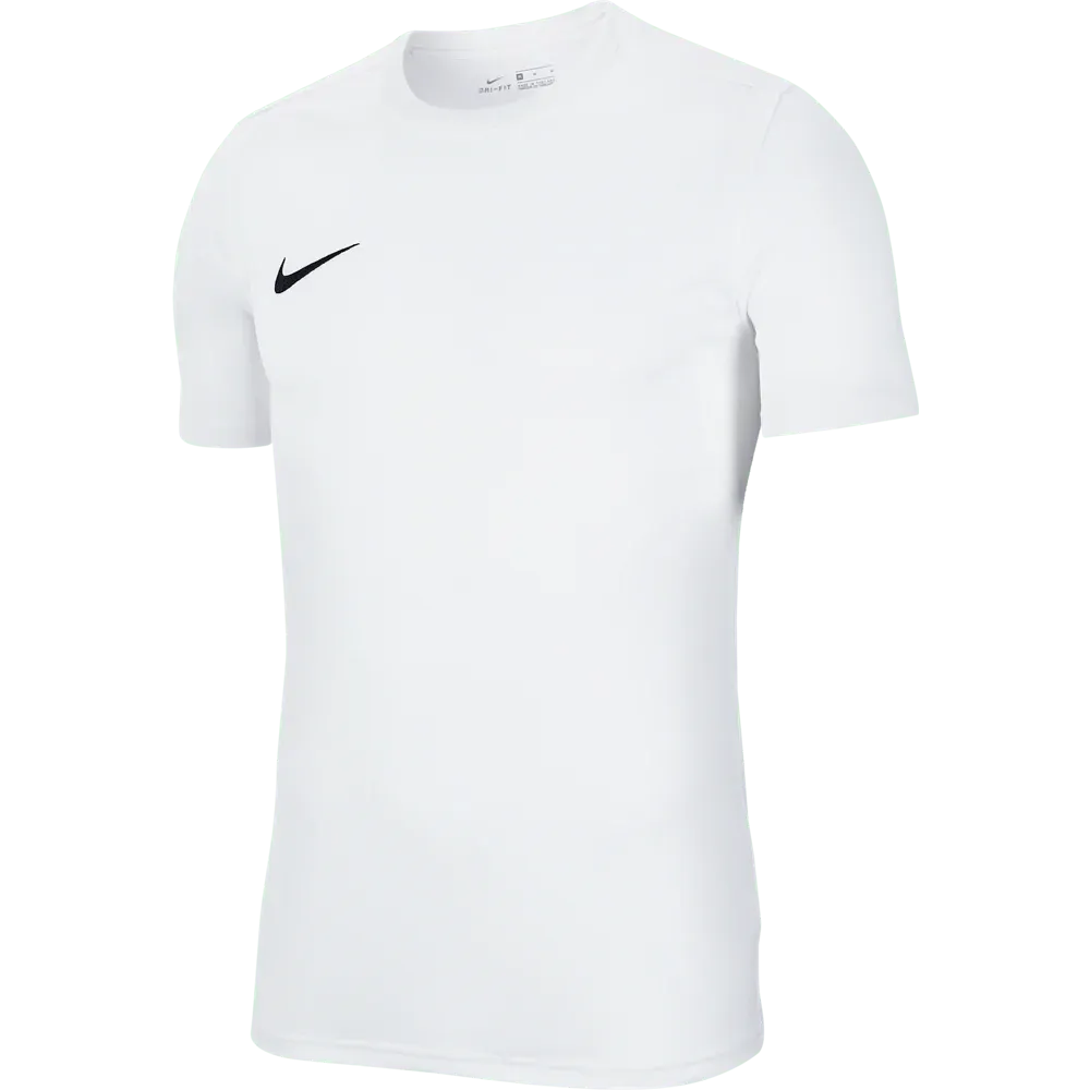 Front view of Nike Men's Park 7 Jersey in white with black swoosh logo

