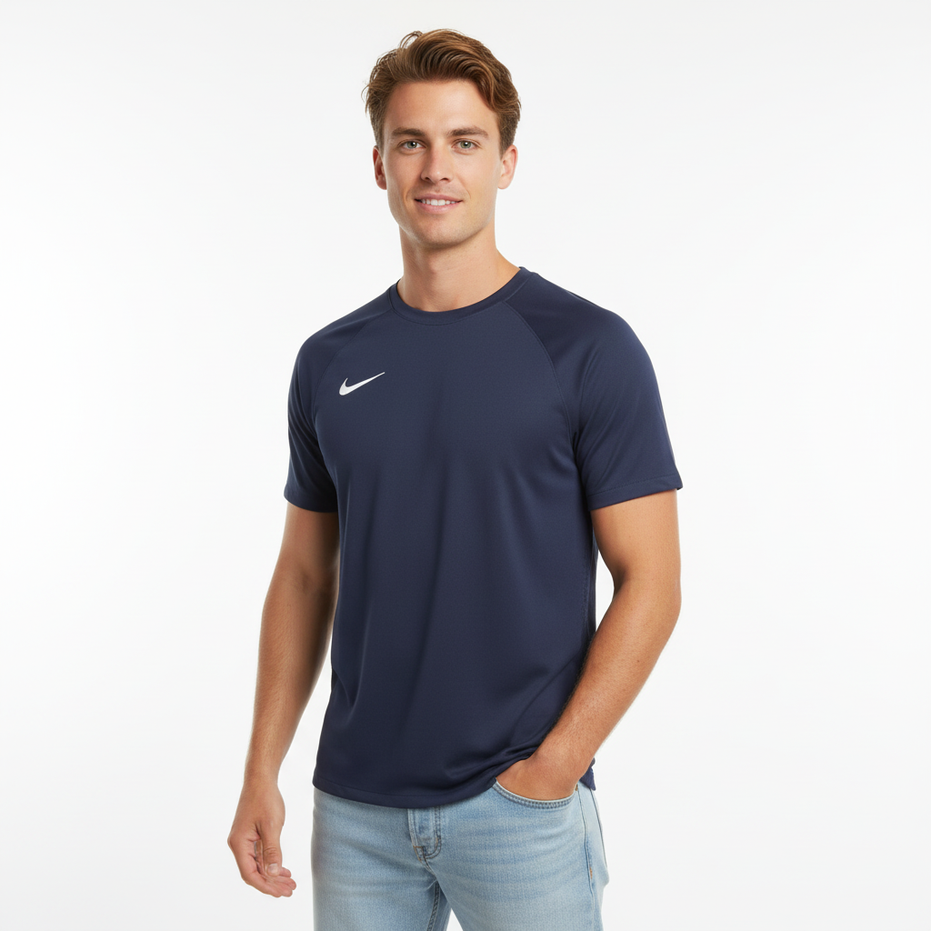 Man wearing a navy blue Nike t-shirt on a white background