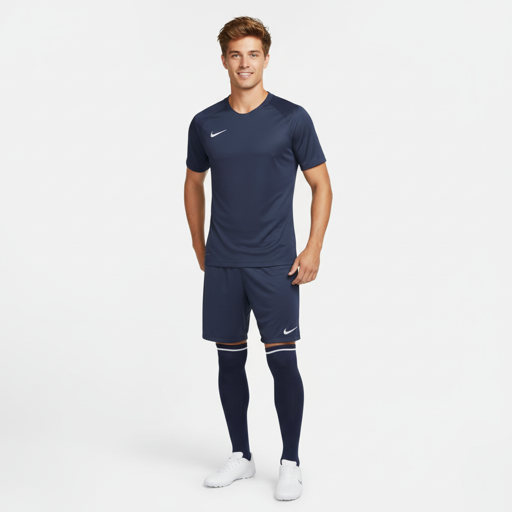 Man wearing a navy blue Nike soccer outfit on a white background