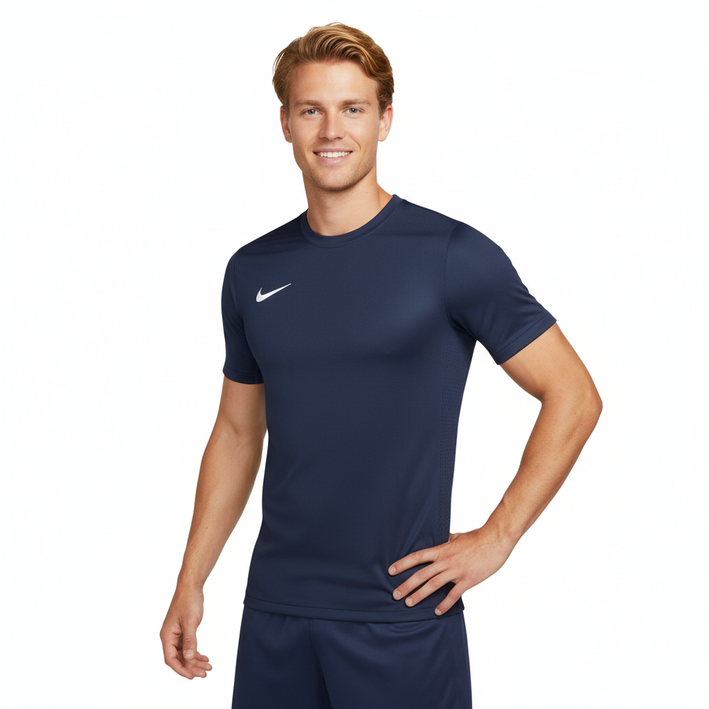 Man wearing a navy blue Nike athletic shirt on a white background