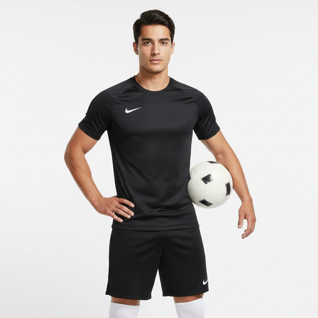 Man wearing a black Nike soccer jersey and shorts holding a soccer ball on a white background
