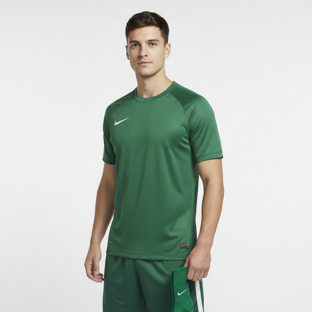 Man wearing a green Nike sports outfit on a white background