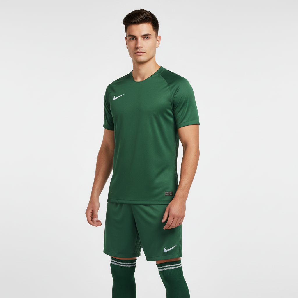 Man wearing a green Nike sports outfit on a white background