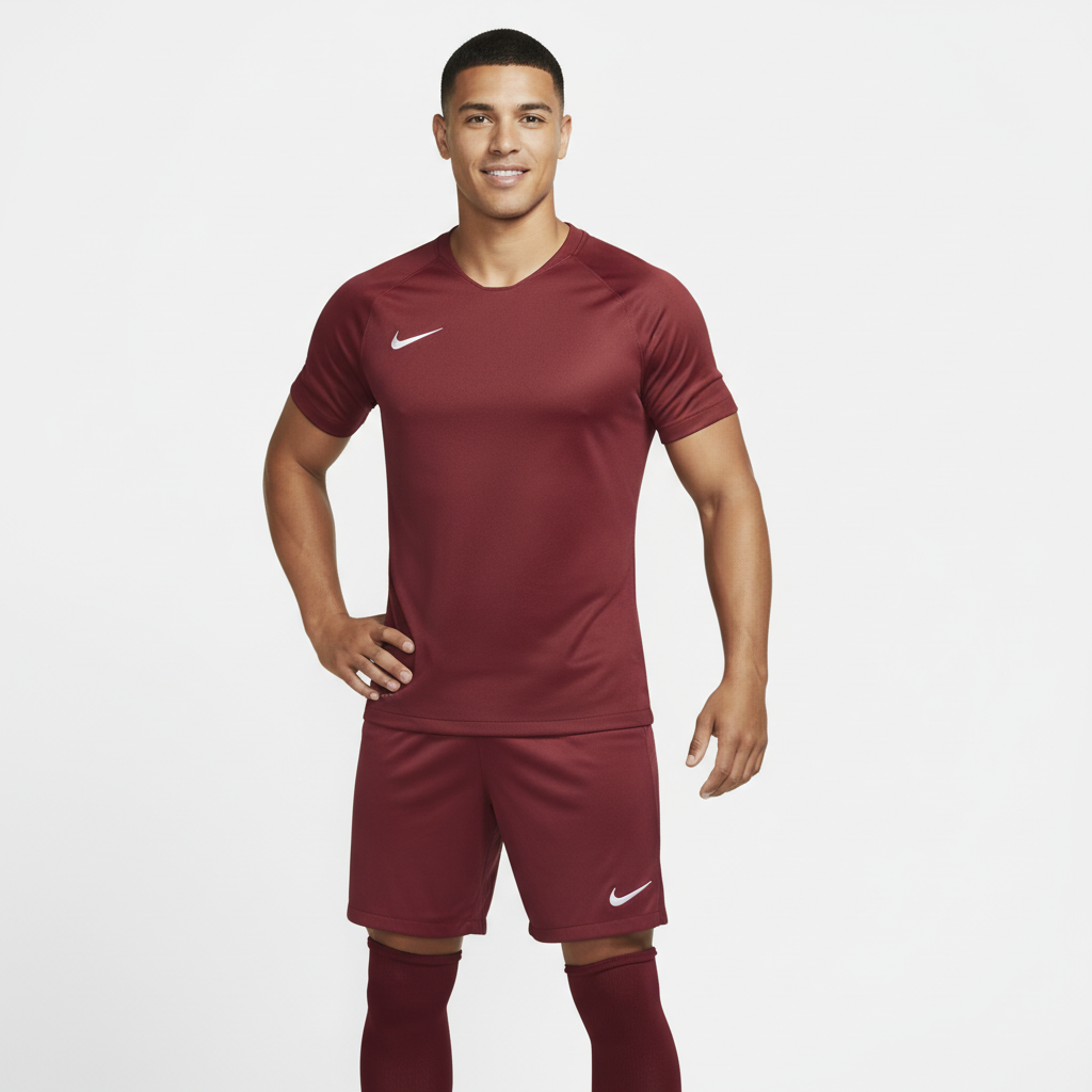 Man wearing a maroon Nike sports outfit on a white background