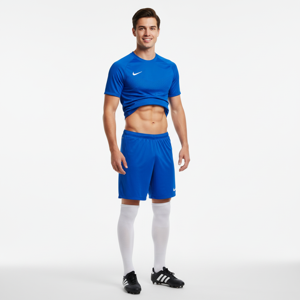 Man wearing a blue athletic outfit with a white background
