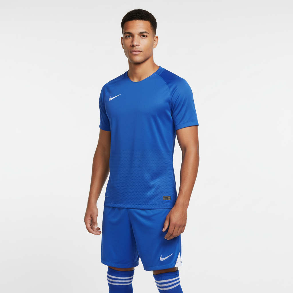 Man wearing a blue Nike soccer jersey and shorts on a white background