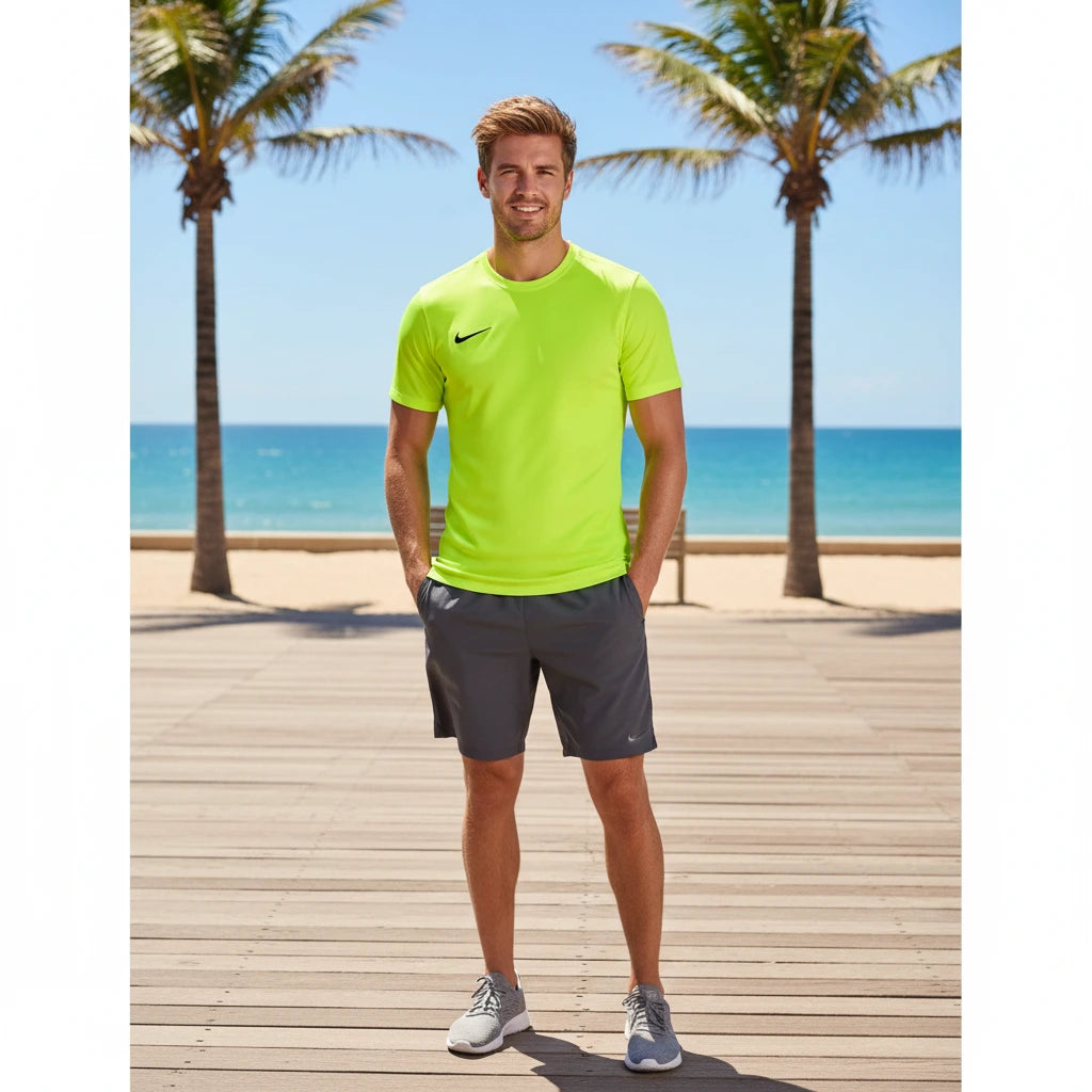 Man wearing a bright green Nike shirt and gray shorts standing on a wooden deck with palm trees and ocean in the background.