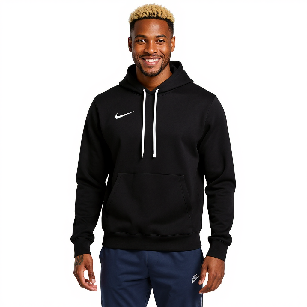 Man wearing a black Nike Park 20 hoodie and pants on a white background