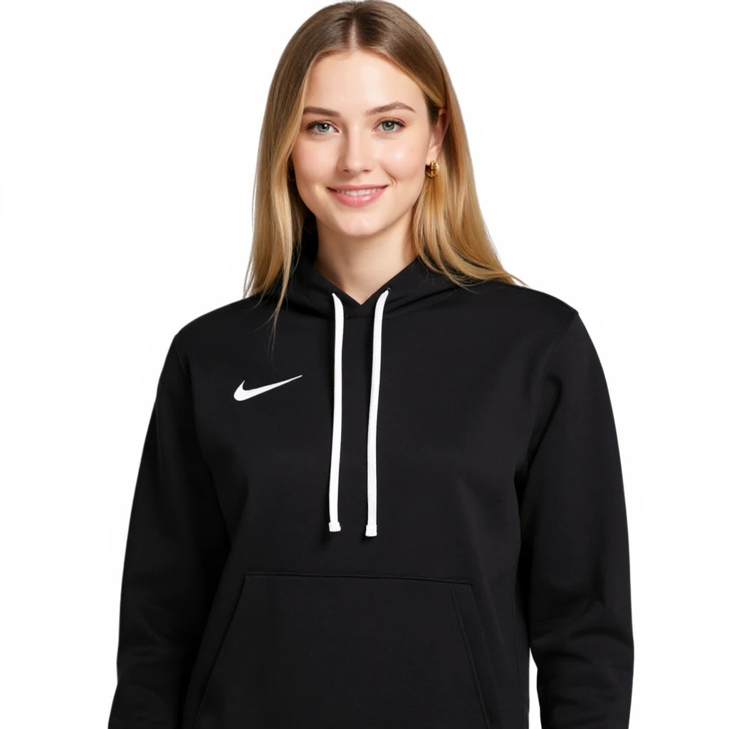 Person wearing a black Nike Park 20 hoodie with a white Nike logo on a white background