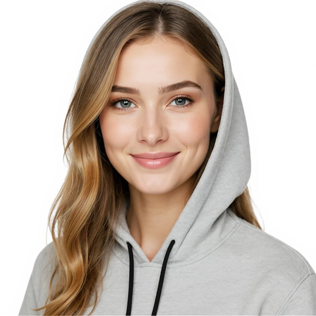 Person wearing a gray hoodie with a plain background