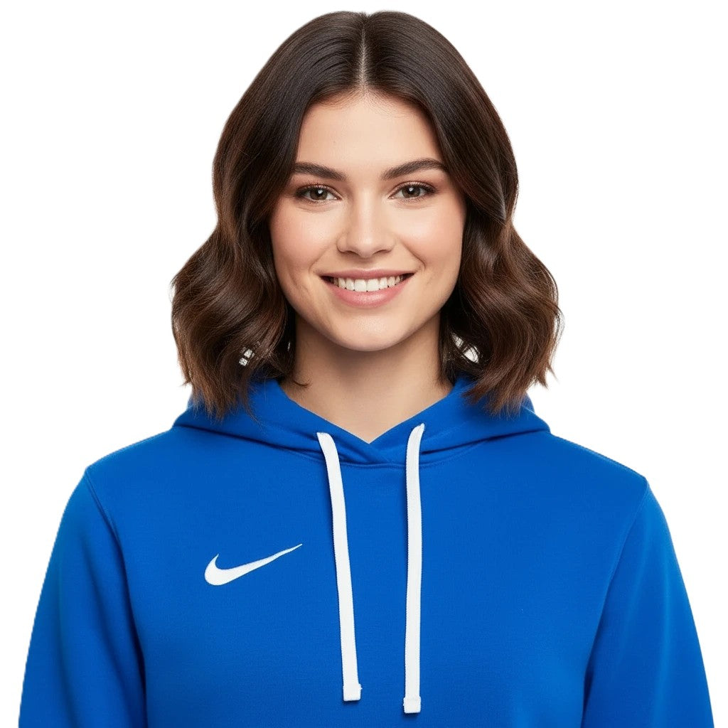 Person wearing a royal blue Nike Park 20 hoodie on a white background