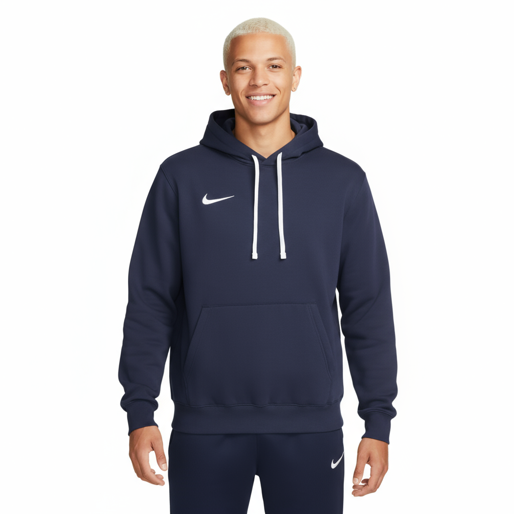 Man wearing a navy blue Nike Park 20 hoodie on a white background