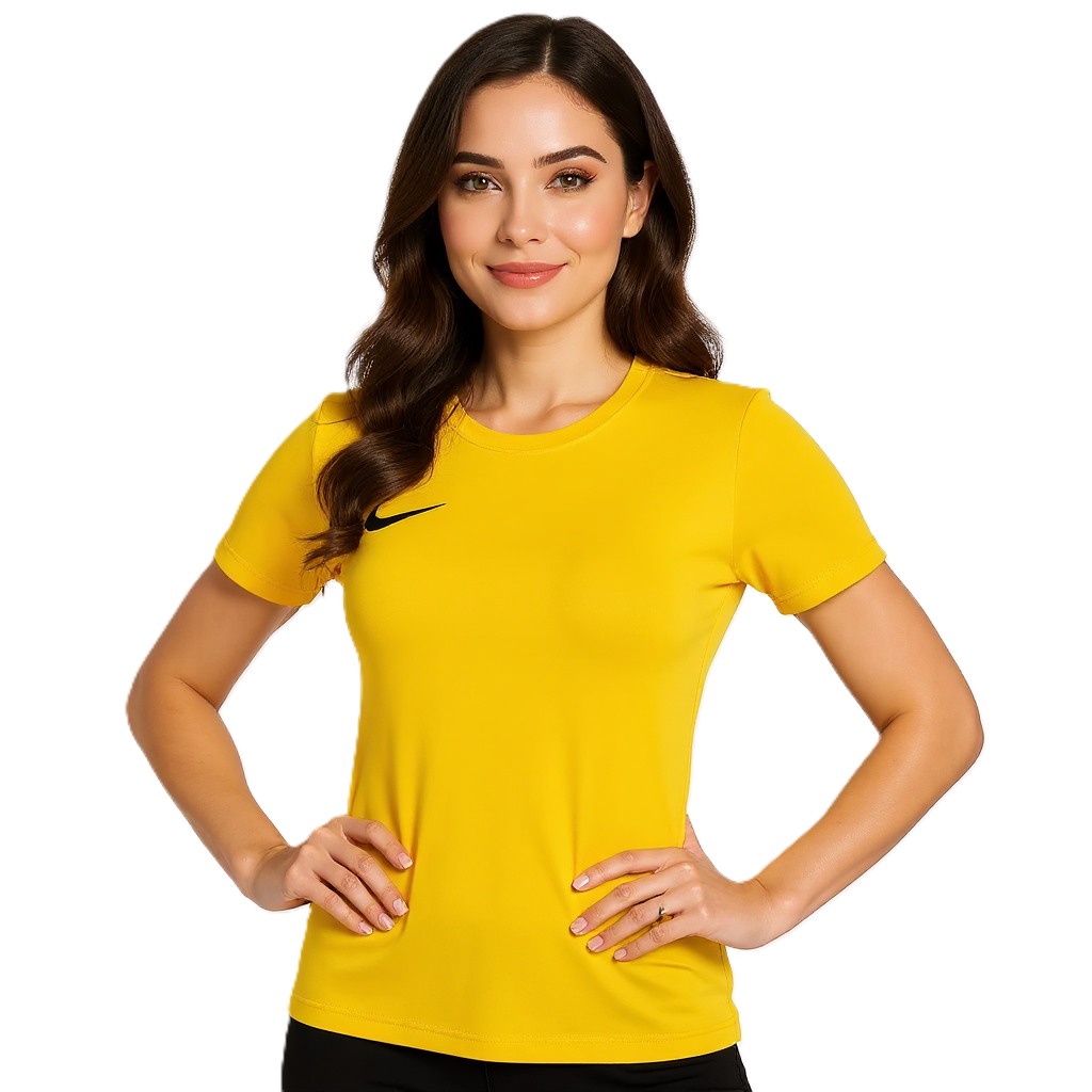 Woman wearing a yellow Nike Park 7 Female Jersey yellow on a white background