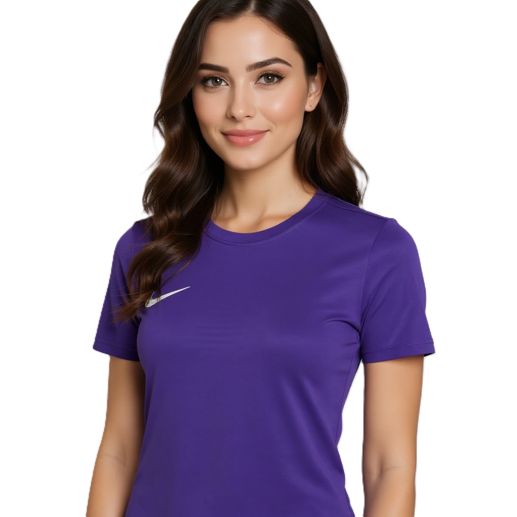 Woman wearing a purple Nike t-shirt on a white background