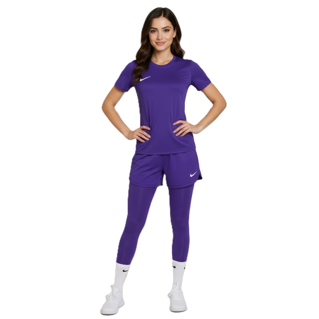 Woman wearing a purple Nike athletic outfit on a white background