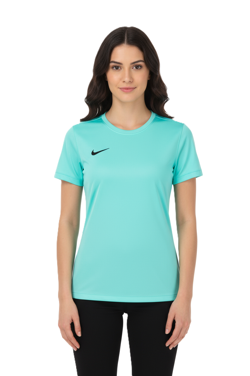 Woman wearing a turquoise Nike t-shirt on a white background