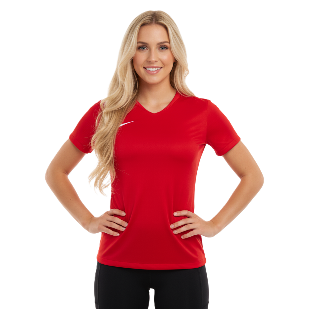 Woman wearing a red Nike t-shirt on a white background
