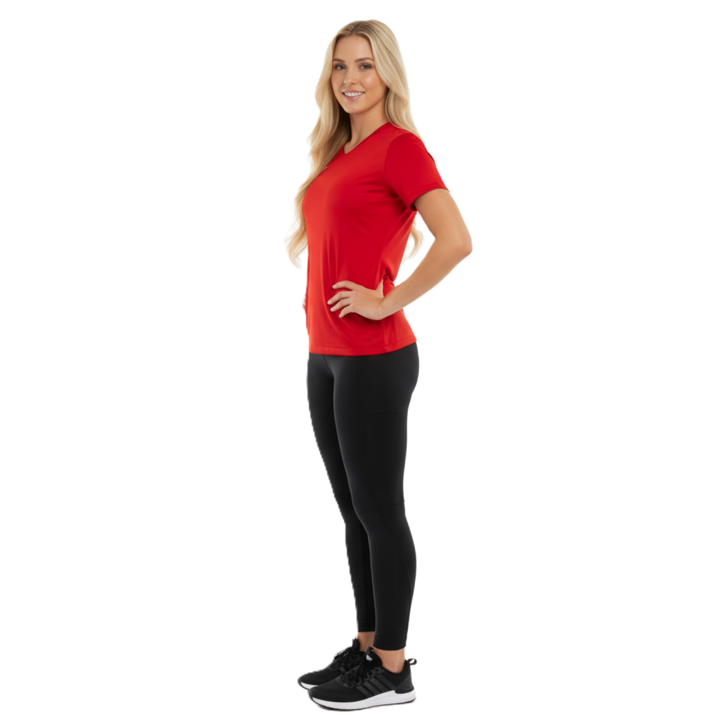 Woman wearing a Nike Park 7 Jersey University Red and black leggings on a white background