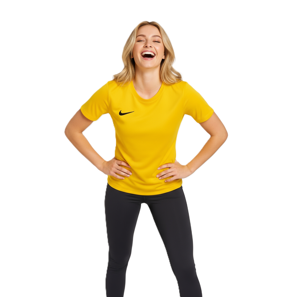 Woman wearing a yellow Nike Park 7 Yellow Jersey on a white background