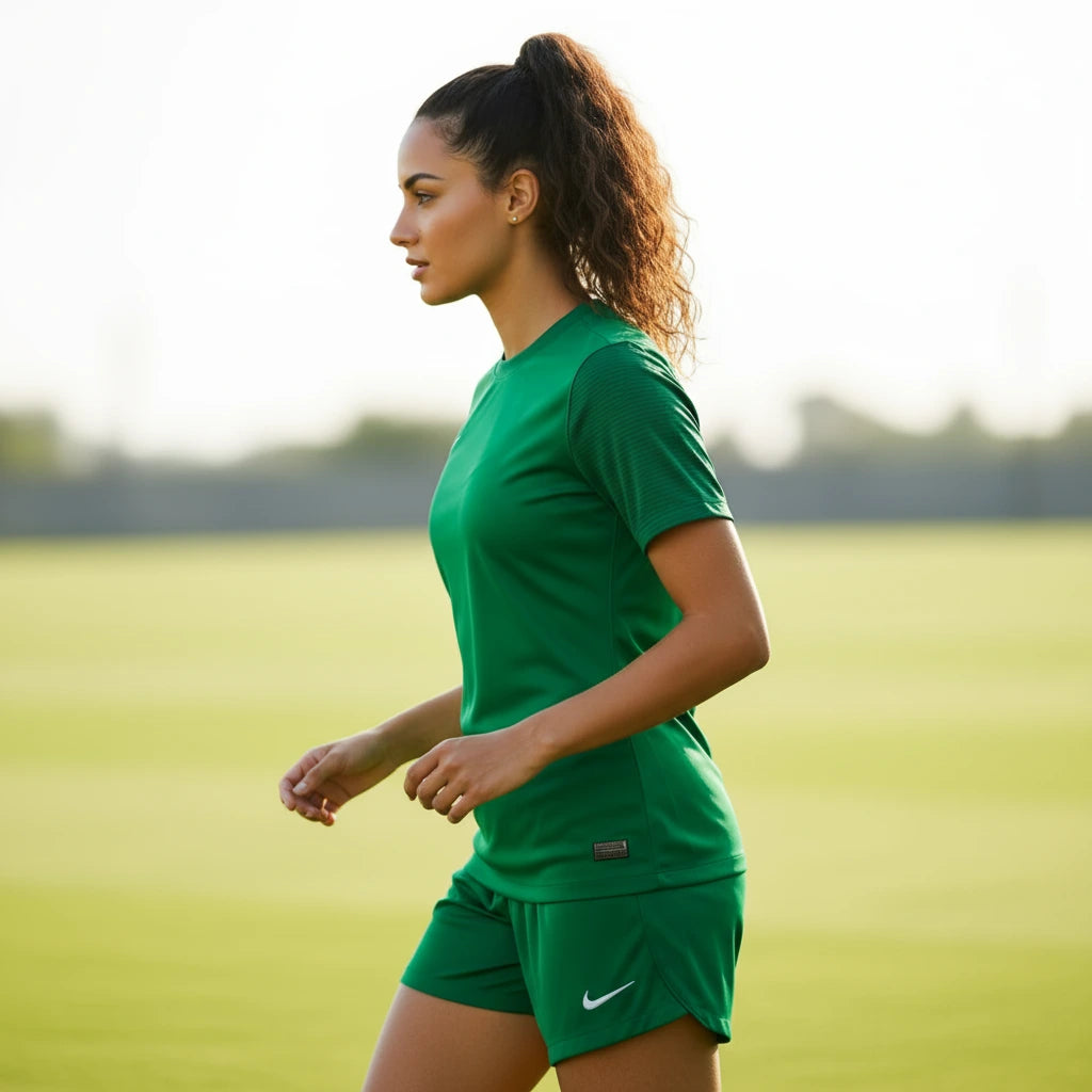 Woman in Nike Park 7 green sports outfit on a grassy field